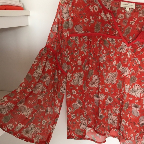 Lucky Sheer Rusty Red Orange Floral Peasant Blouse Small - Picture 4 of 8